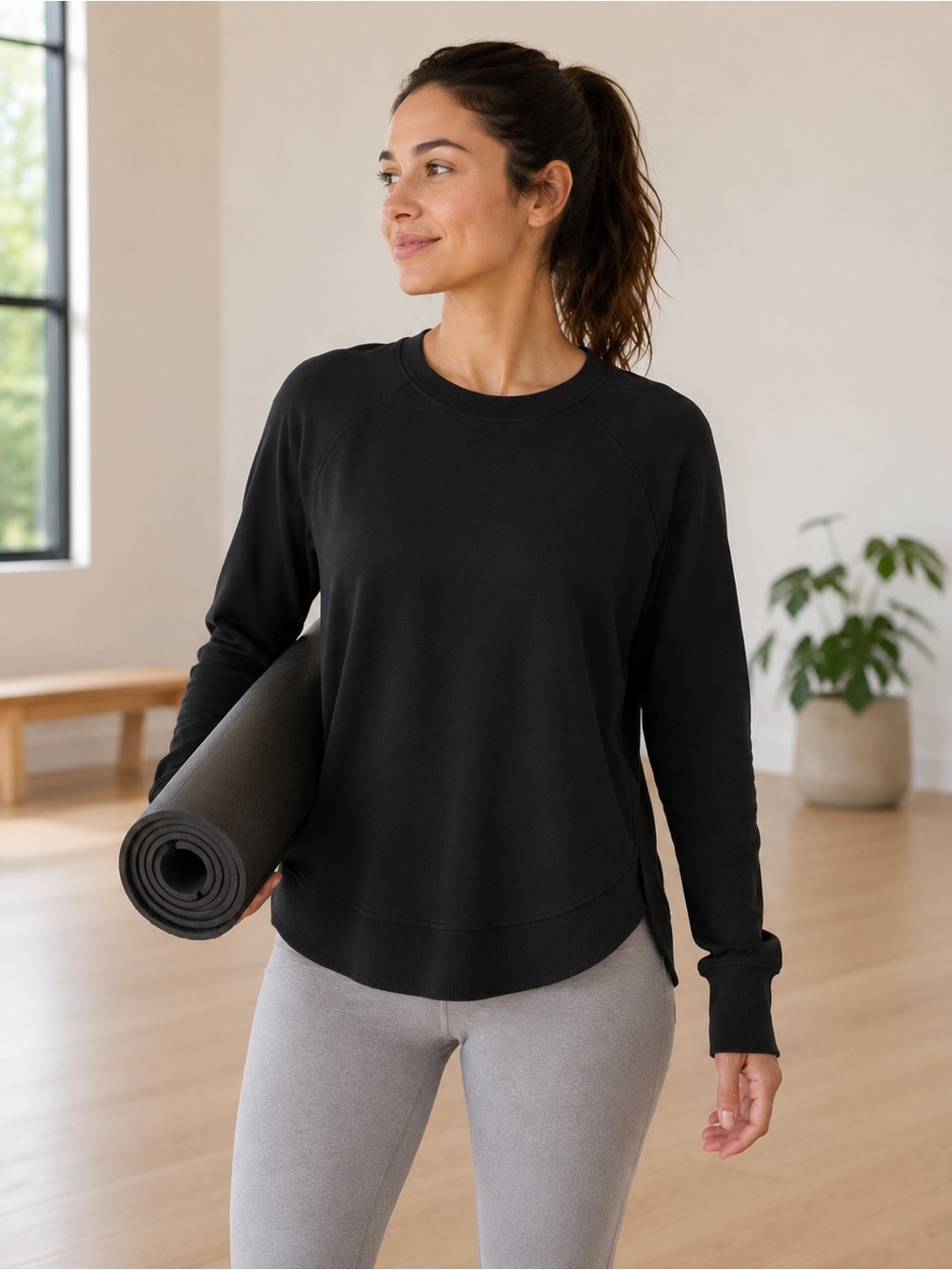 Athleta Black Modal Blend Comfy Long Sleeve Crewneck Sweatshirt Top - S